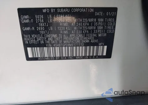 2021 Subaru Outback Touring Xt from USA, damaged, VIN 4S4BTGPD8M3171113